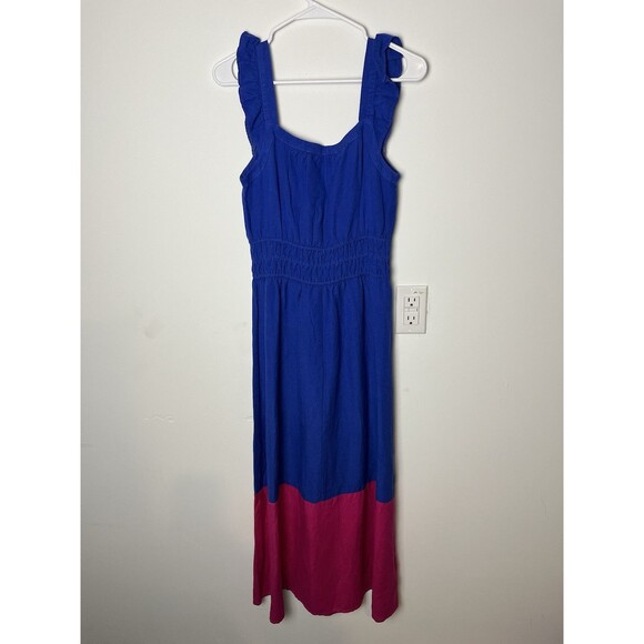 loft color block Ruffle Squer Neck Midi Dress Linen blend Blue Pink - Picture 6 of 8